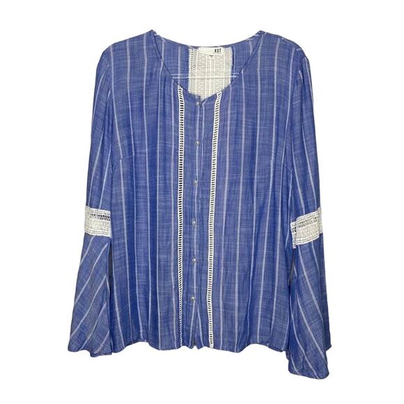 Kut From the Kloth Blue & White Boho Crochet Bell Sleeve Button Up Blouse Large - Picture 3 of 8